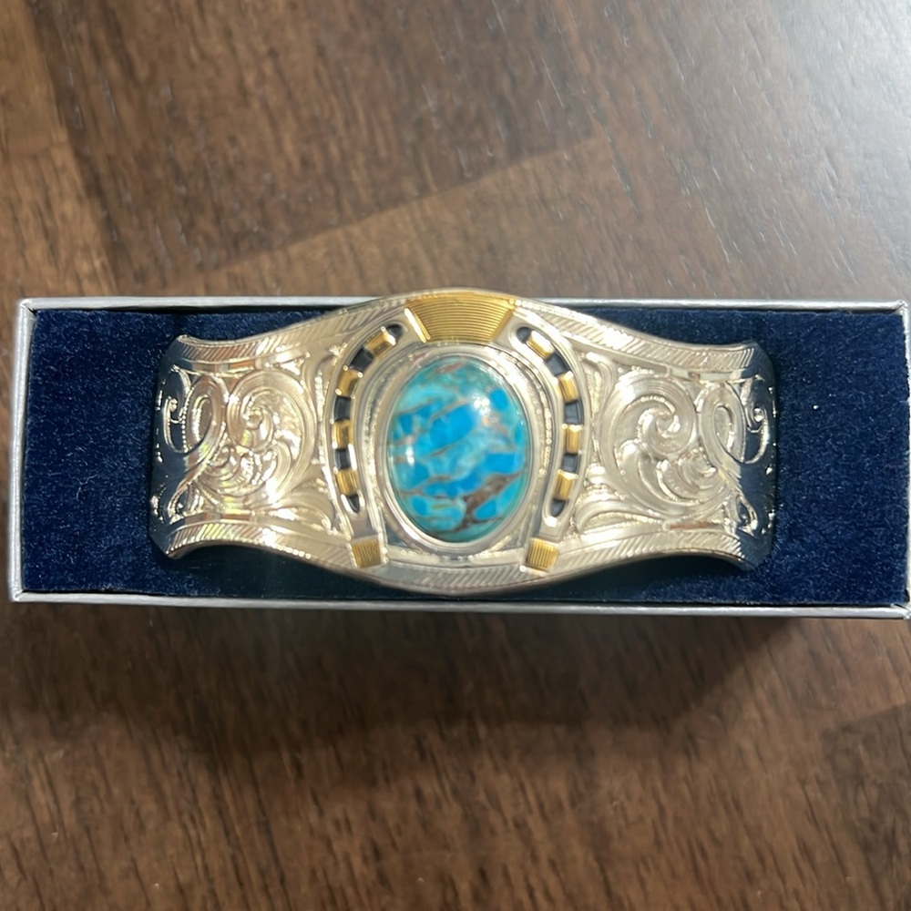 Montana Silversmiths Set In Stone Gold and Turquoise Cuff Bracelet, - Picture 2 of 16